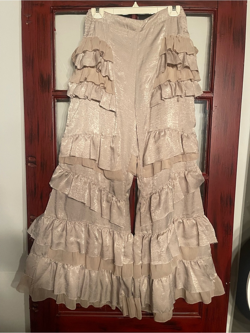 Palazzo Tiered Ruffle Wide-Leg Pants — Light Beige